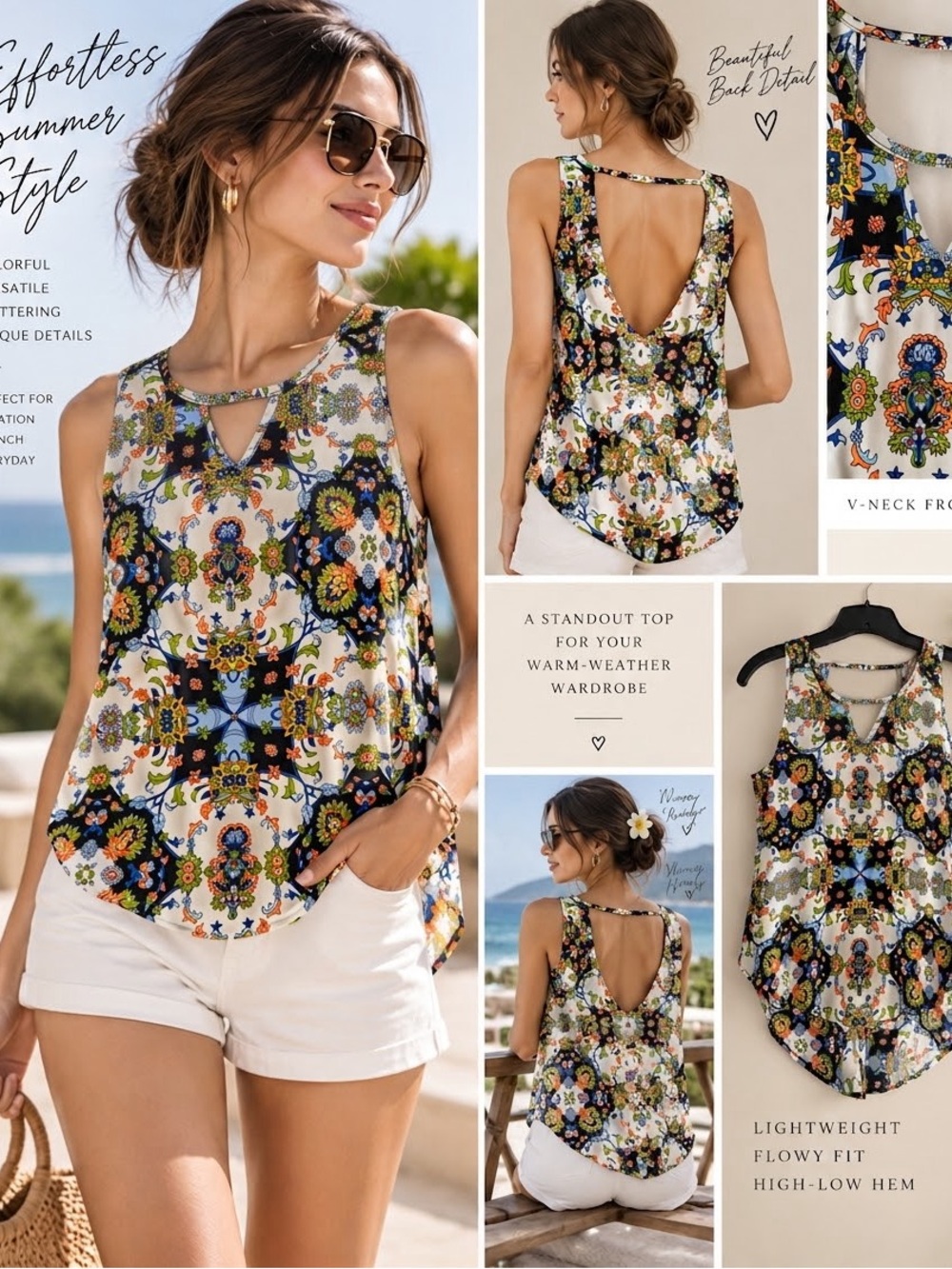 Colorful Boho Print Open Back High Low Sleeveless Blouse